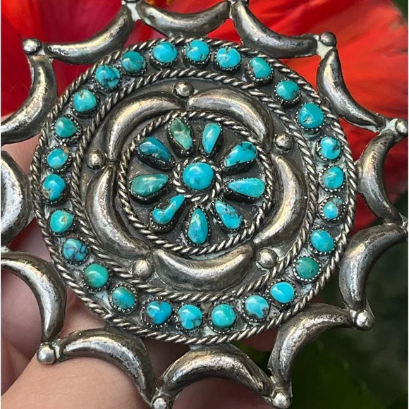 OLD PAWN🩵 Zuni Native American large turquoise sterling cluster pin - Picture 2 of 3